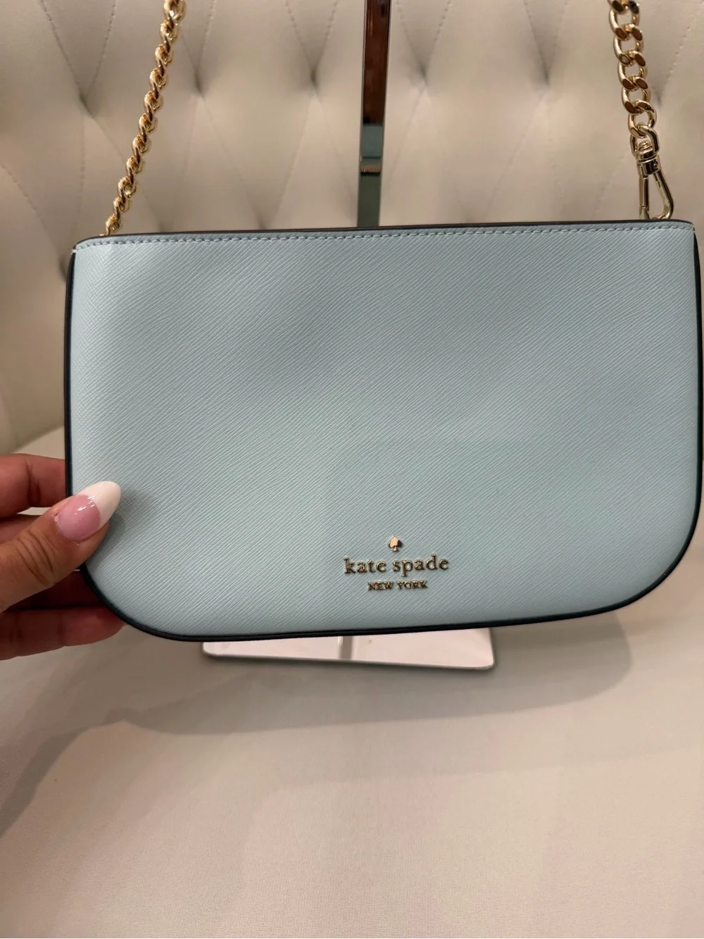 kate spade light blue leather shoulder bag with gold chain